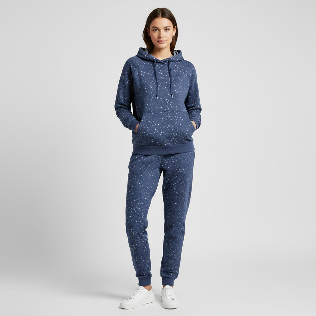 Model v mikině z látky s puntíky