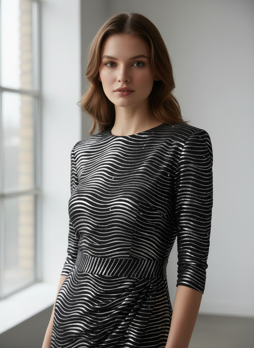 Model v polyesterovém úpletu se stříbrnými pruhy