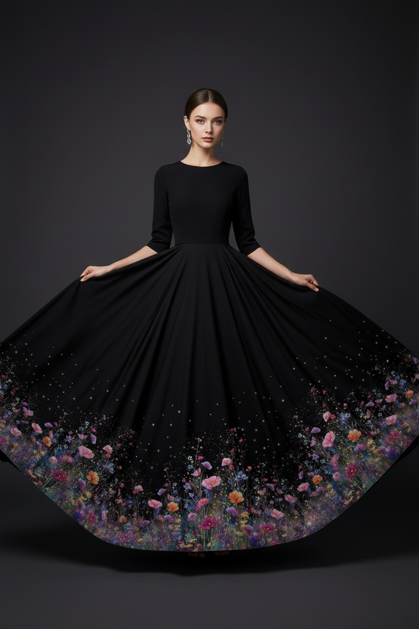 Modelka v šatech s jemnou květinovou bordůrou