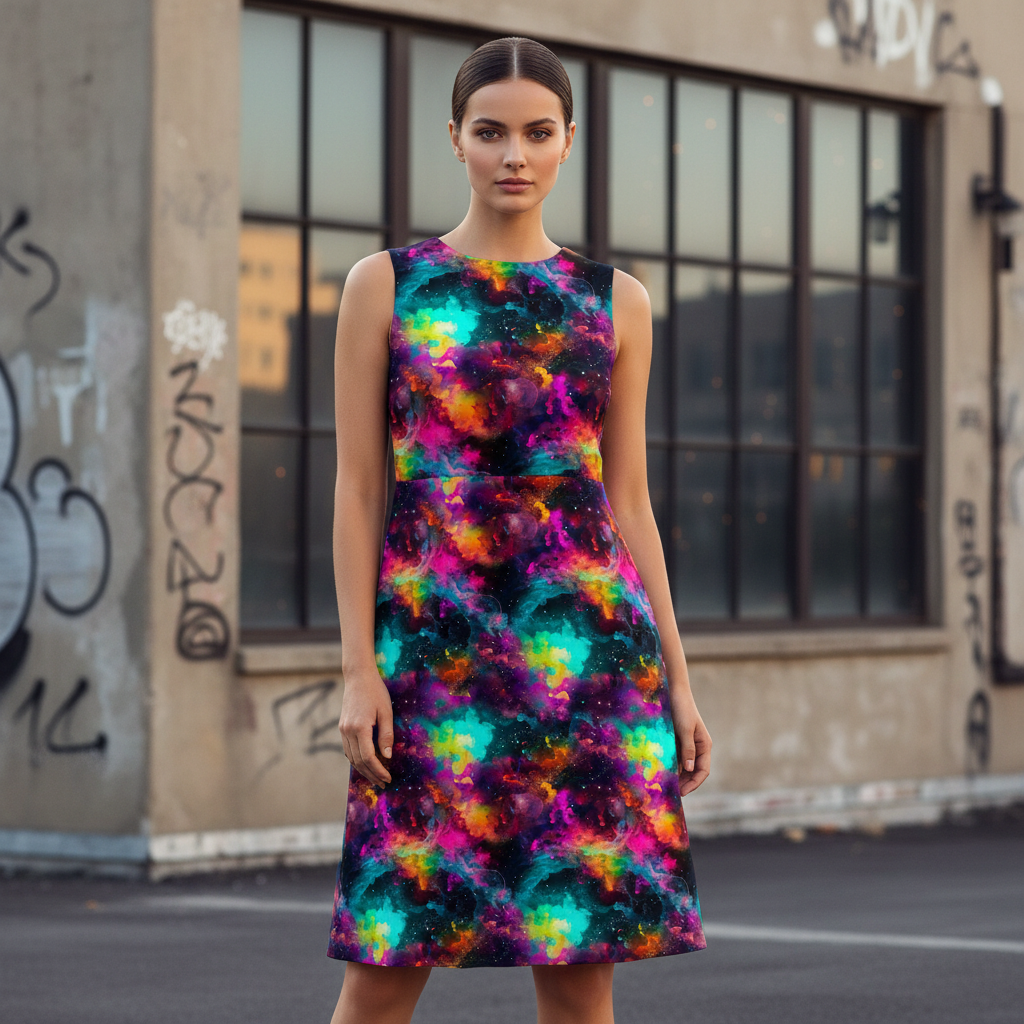 Modelka v jednoduchých šatech s mlhovinou