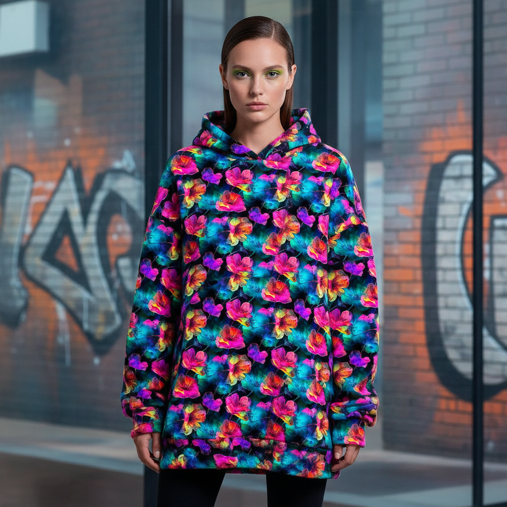 Modelka v mikině s drobným neonovým vzorem