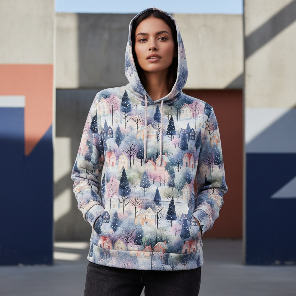 Modelka v mikině s extrémně drobným vzorem