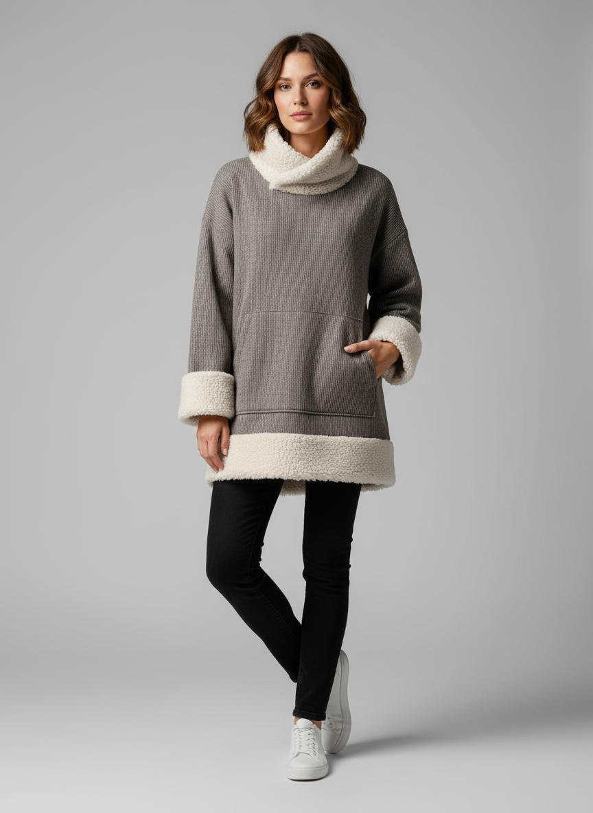 Svetr se šedou žebrovanou stranou a bílým beránkem uvnitř